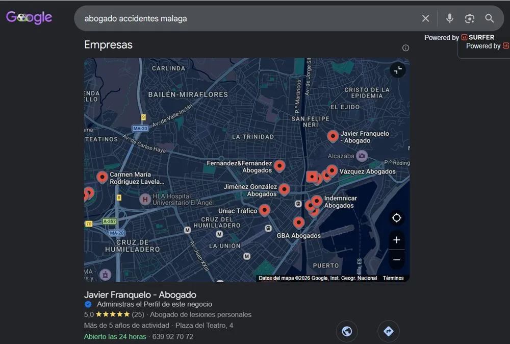 Resultados de SEO Local en Google Maps Málaga — Local Pack para la búsqueda 'abogado accidentes Málaga'